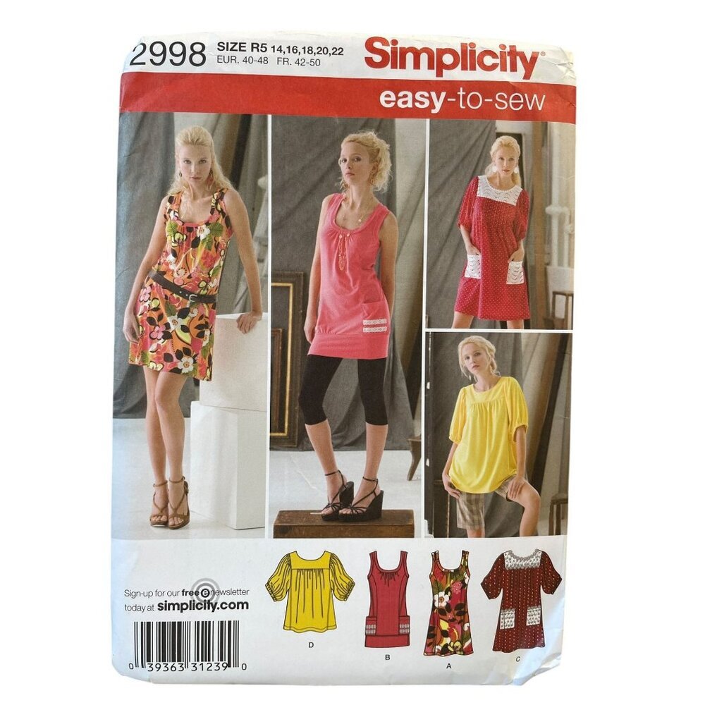 Simplicity Easy-To-Sew Knit Mini Dresses‎ Tops Sewing Pattern 2998 Size 14-22